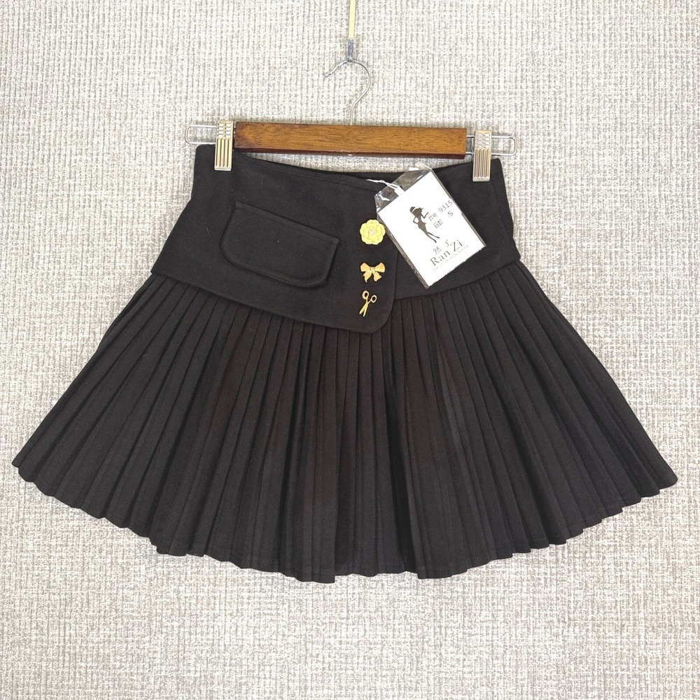 Ran Zi Pleated Mini Skirt A-Line‎ J Fashion School Academia Black Sz S Lolita